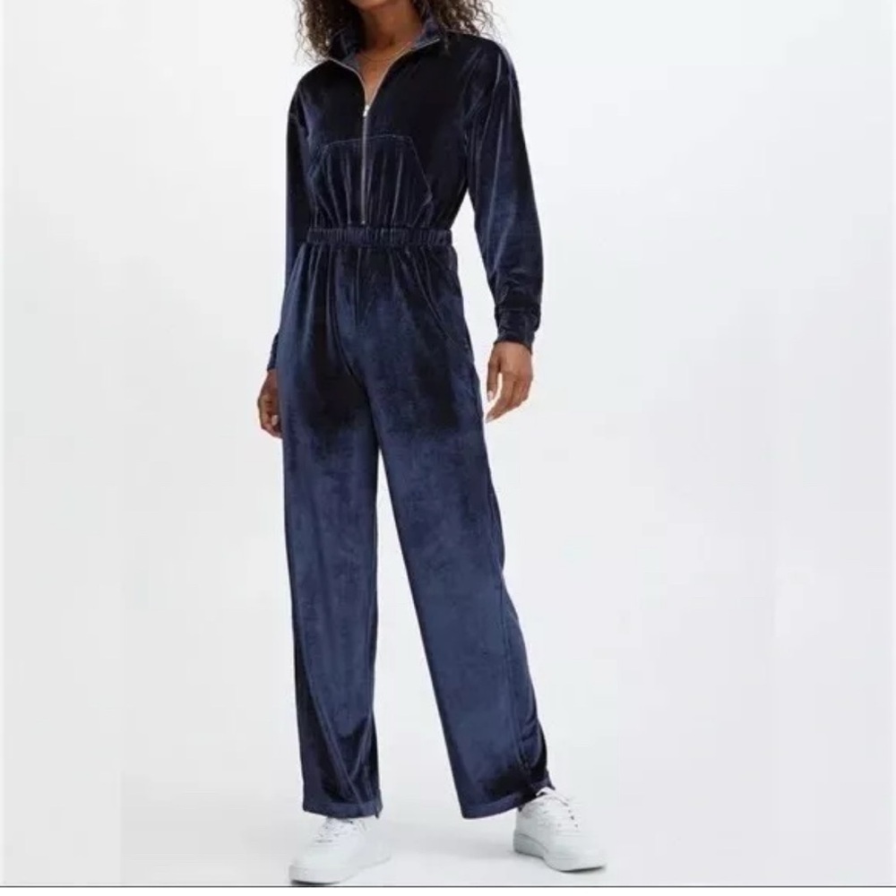 Fabletics Velour Zip-Up Wide Leg Jumpsuit Onesie Deep Navy Blue Size XXL